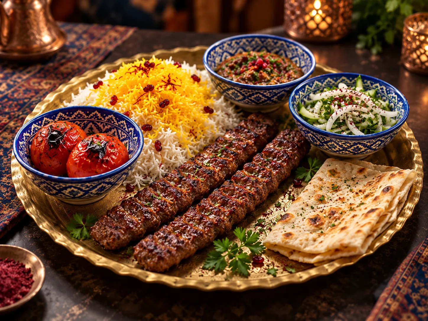 Persian koobideh ground beef kebab served with saffron rice