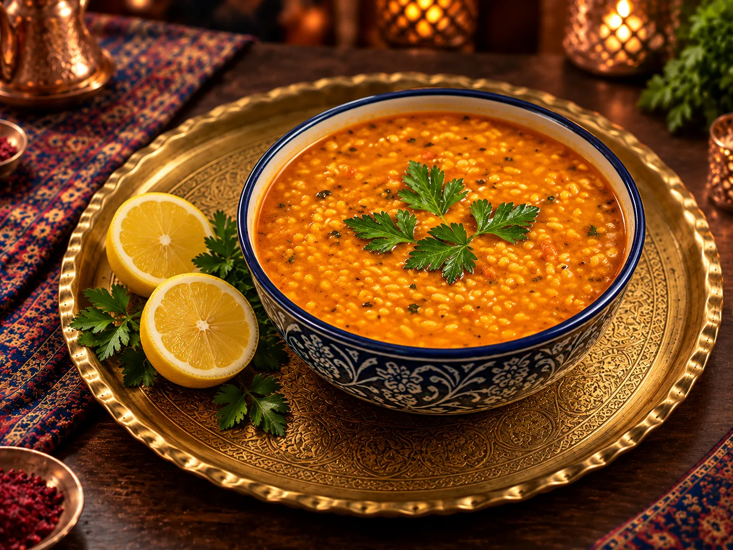 Homemade Persian barley soup in a patterned bowl on a brass tray