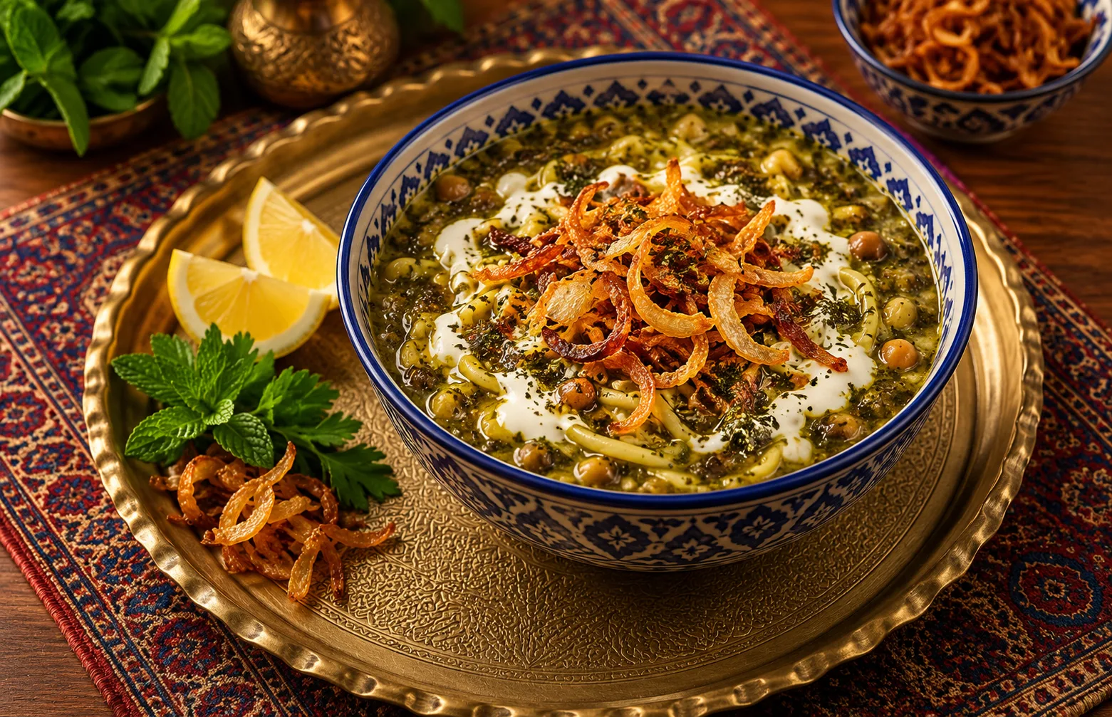 Traditional Persian Ash Reshteh with noodles, herbs and crispy fried onions