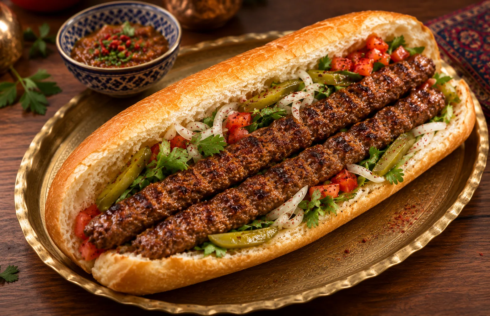 Persian koobideh kebab sandwich with grilled beef, vegetables and fresh bread