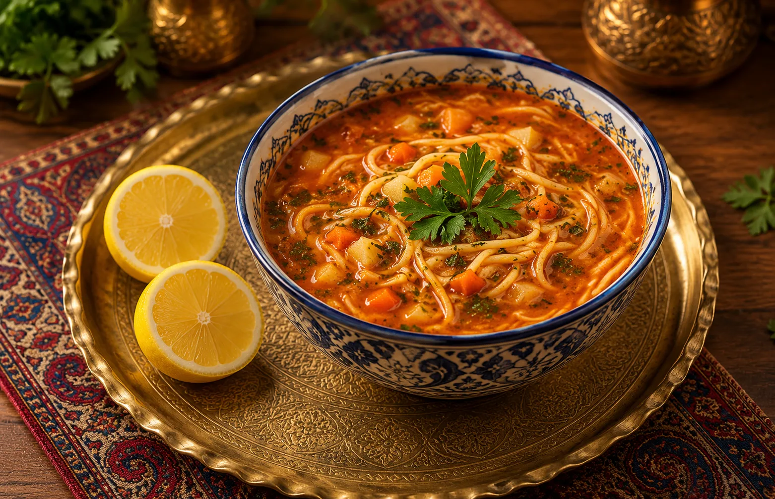 Persian vermicelli noodle soup with vegetables and herbs served on a brass tray