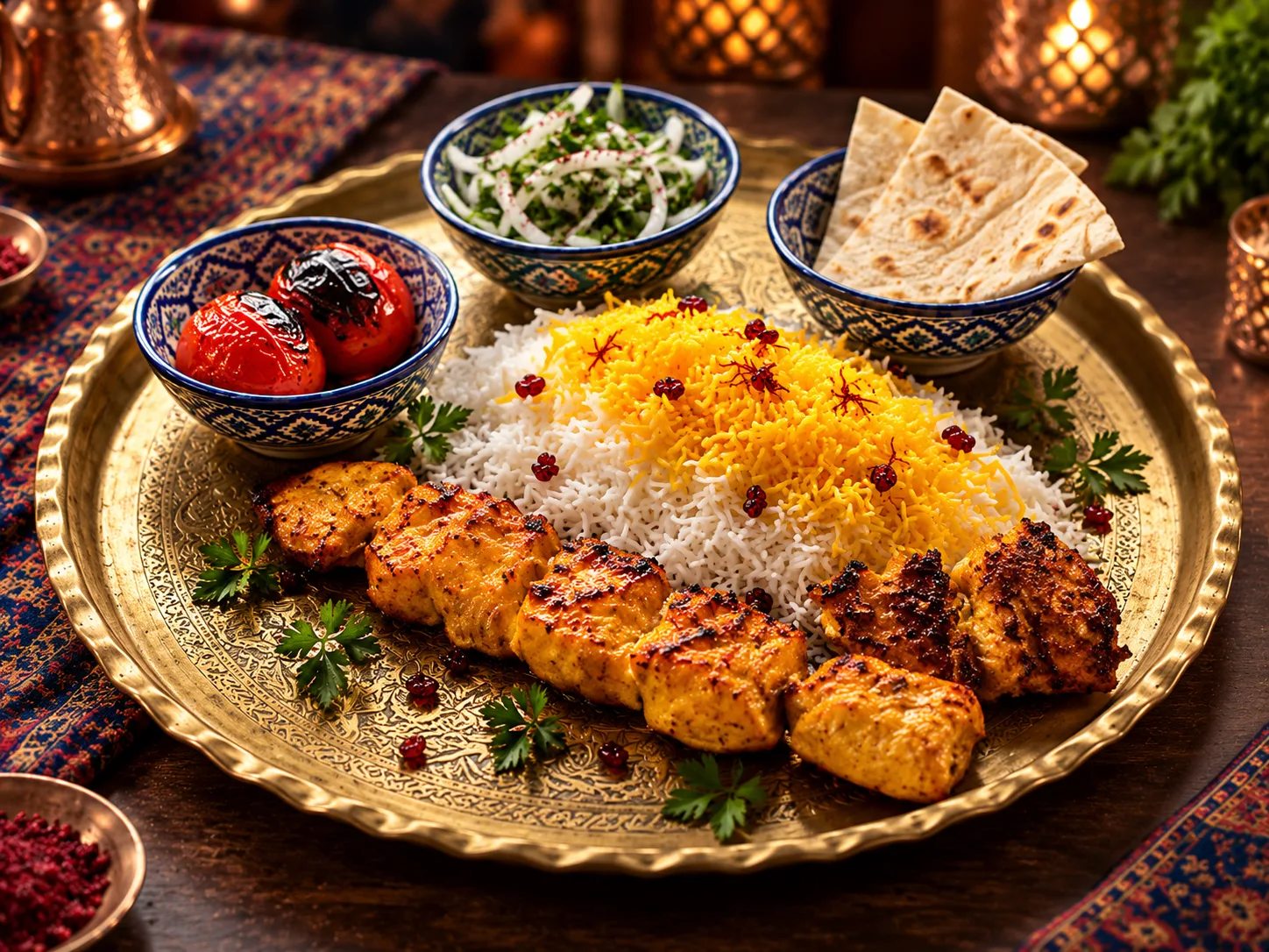 Persian saffron chicken kebab served with rice and grilled tomato