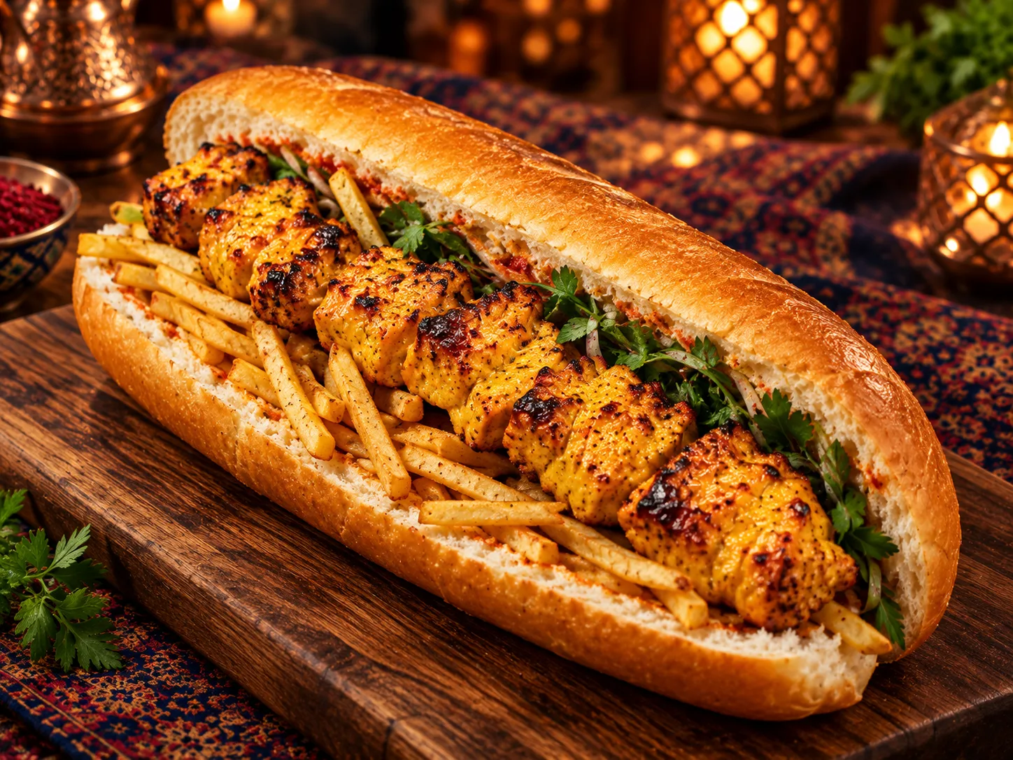 Saffron-marinated grilled chicken kebab sandwich
